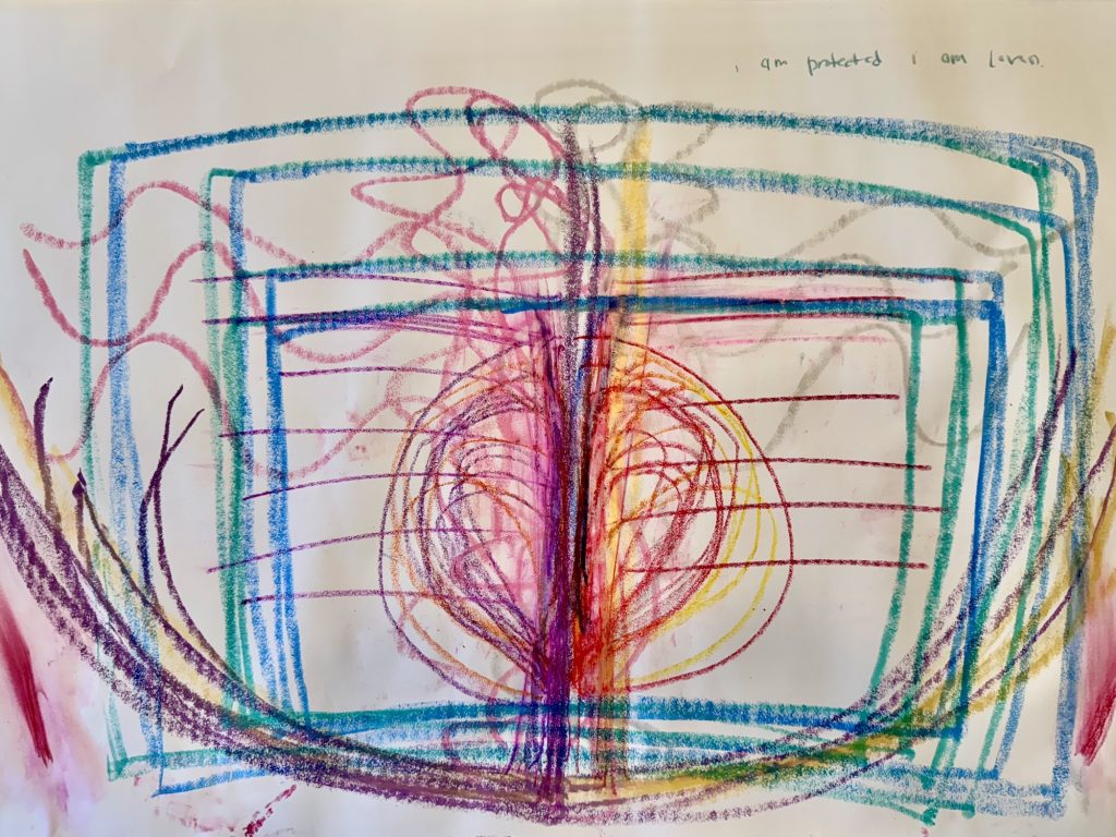 Guided drawing with oil pastels in blue, pink orange, yellow, green and purple with shapes of hearts, squiggles, bowls and boxes